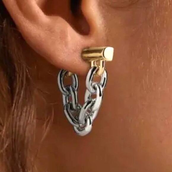 Earrings Chain Link Two Tone Gold Silver Mixed Metal Paco Rabanne STYLE N01 - Picture 2 of 5